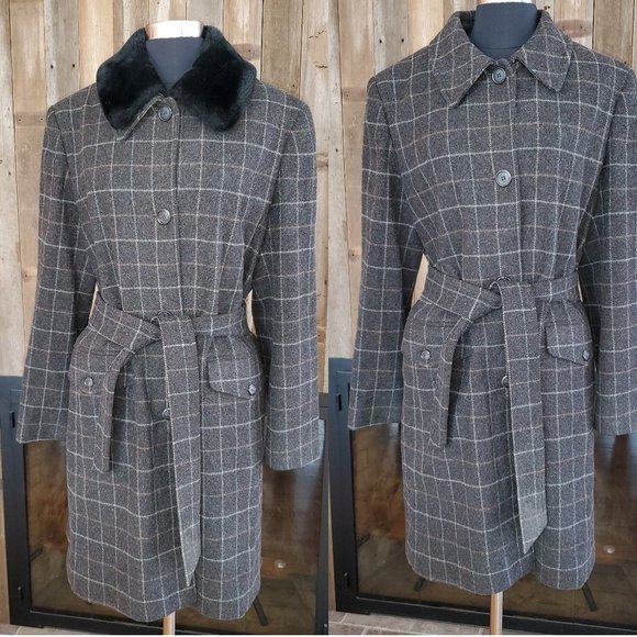 Burberry Windowpane Plaid Coat Faux fur Collar 10